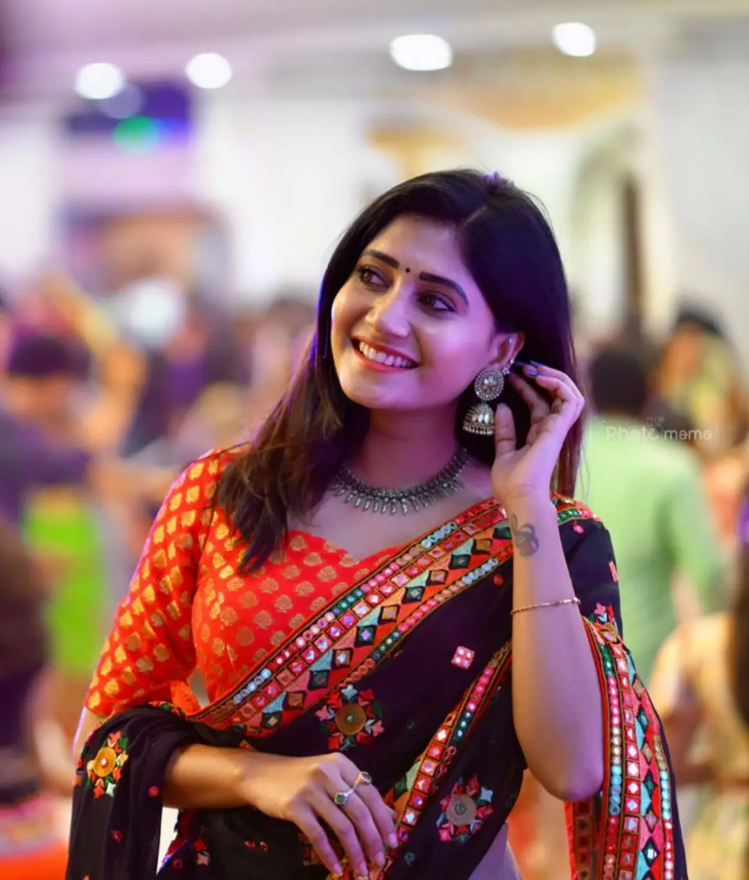 Vasanthi Krishnan Wearing Blue Saree Orange Blouse